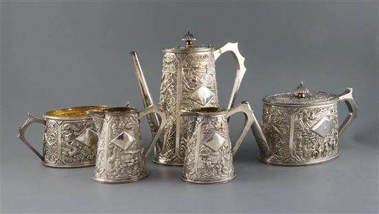 A good early 20th century Chinese Export silver five piece tea and coffee service, by Wang Hing, Hong Kong, gross 88 oz.